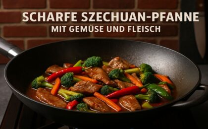Scharfe Szechuan-Pfanne mit Gemüse und Fleisch